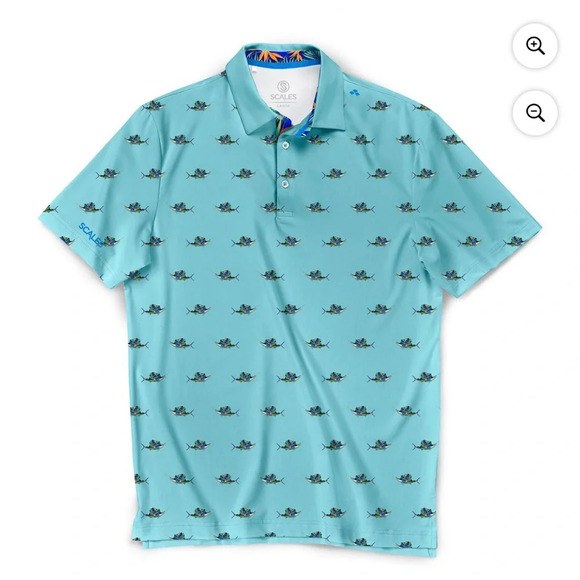 Scales Fly Sail Short Sleeve Polo Sword Fish Design Seafoam Blue Mens Size Small - Picture 1 of 14